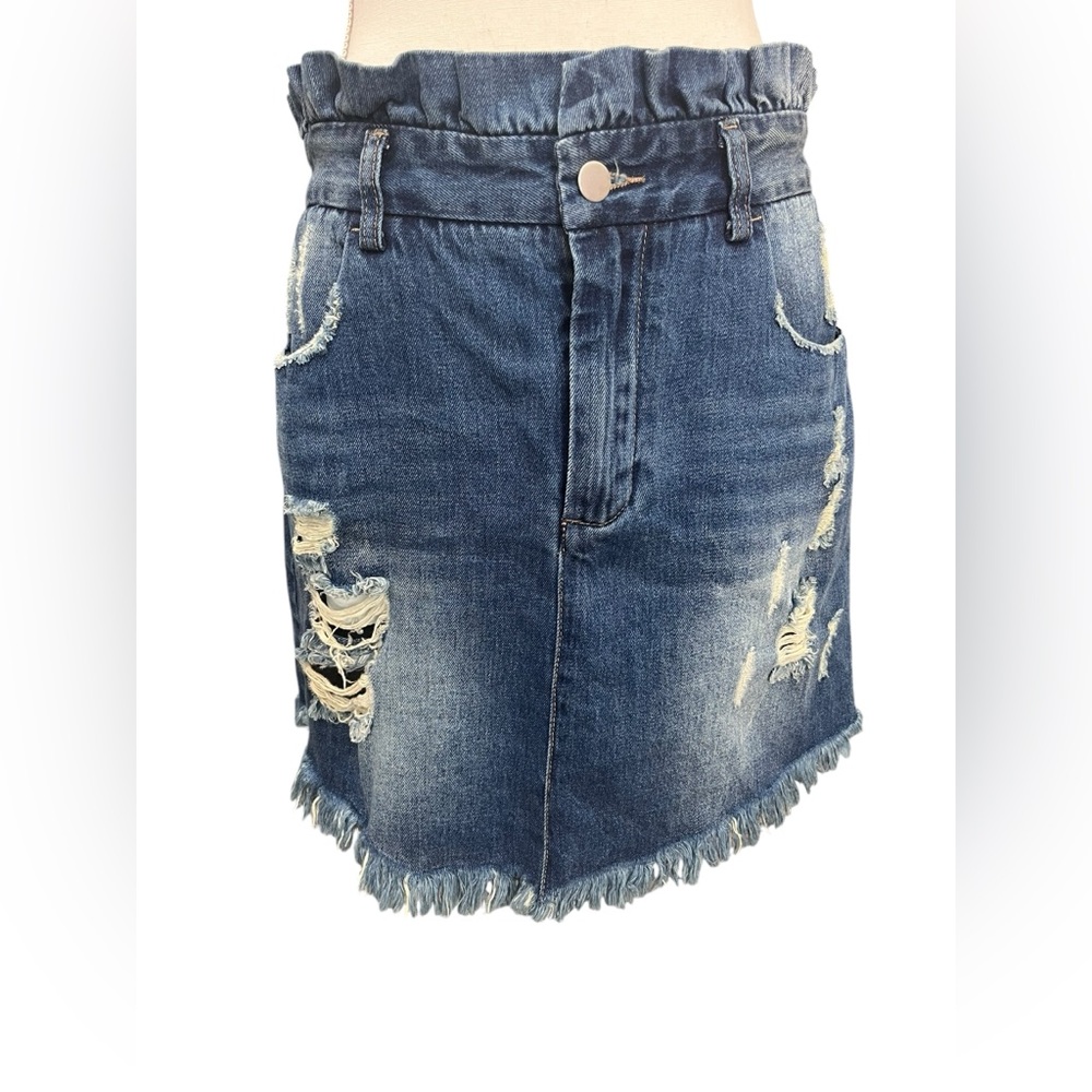 Hayden LA Paperbag Waist Distressed Denim Mini Skirt Size L Boho Festival - Picture 2 of 13